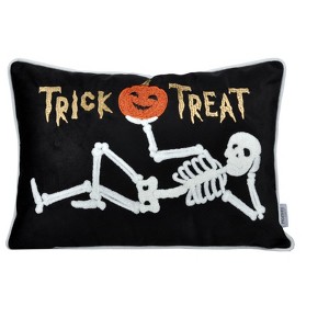 Gulches Skeleton Embroidered "Trick or Treat" Velvet Throw Pillow ¨C Halloween Lumbar Accent for Porch Bench with Spider Details - 1 of 4