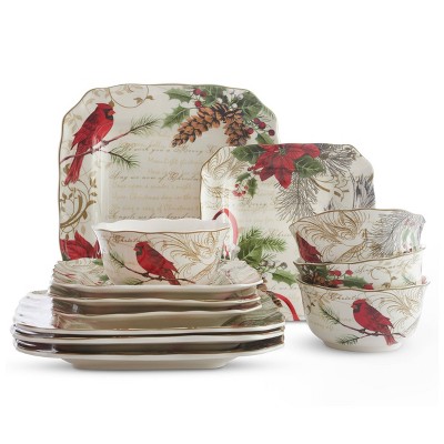 222 Fifth 12pc Holiday Wishes Square Dinnerware Set - Red