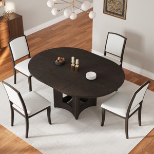 41”-57” Extendable Farmhouse Round Dining Table Set for 4, Solid Wood Table with Removable Leaf and Upholstered Chairs-3irtyhousy - 1 of 4
