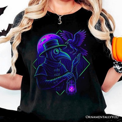 Vaporwave Plague Doctor T-Shirt, Retro Neon Horror Vibes Halloween Tee Black M