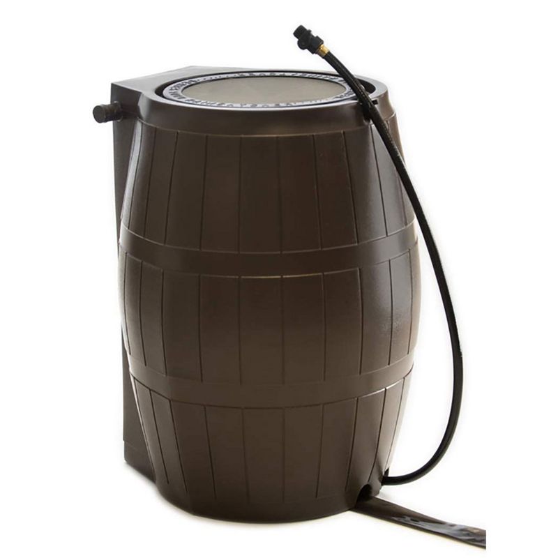 FCMP Outdoor 50-Gallon BPA Free Flat Back Home Rain Catcher Water Storage Collection Barrel for Watering Outdoor Plants & Gardens, Brown (4 Pack), 2 of 7