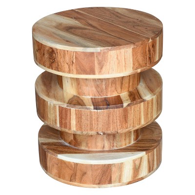 The Urban Port 18" Side End Table Farmhouse Style Natural Brown Acacia Wood Modern Stacked Drum Design Brown