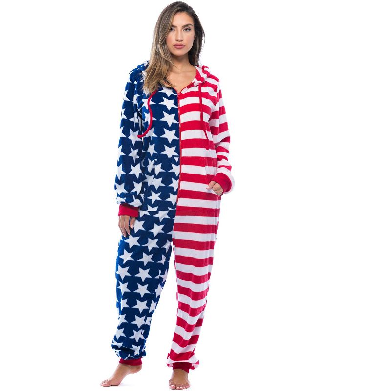 #followme Womens One Piece American Flag Adult Onesie Hooded Pajamas - Red, White, & Blue, 4 of 5