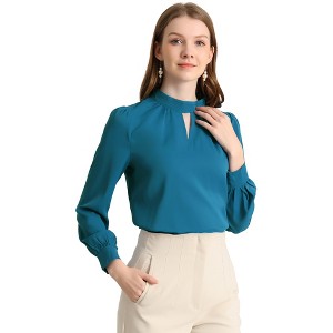 INSPIRE CHIC Women's Office Keyhole Elegant Stand Collar Long Sleeve Button Blouse - 1 of 4