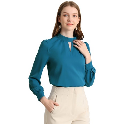 Allegra K Women's Office Keyhole Elegant Stand Collar Long Sleeve Chiffon  Blouses Peacock Blue Large : Target