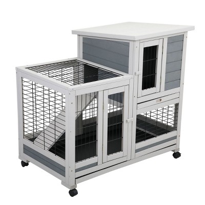 Wooden Rabbit Hutch with Run And Tray,Outdoor Bunny Cage for Small Animals,2 Tier Pet House with Lockable Doors–LAOTIES