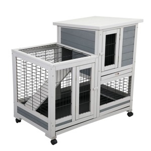 Wooden Rabbit Hutch with Run And Tray,Outdoor Bunny Cage for Small Animals,2 Tier Pet House with Lockable Doors–LAOTIES - 1 of 4