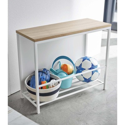 Black Steel and Wood Entryway Storage Bench with Concealed Storage