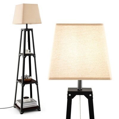 Tangkula Trapezoidal Floor Lamp Tier Storage Lamp with Linen Shade for Bedroom Study