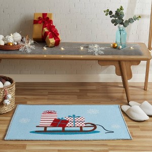 VCNY 1'8"x2'6" Washable Christmas Sleigh Holiday Machine Woven Scatter Accent Rug Light Blue: Non-Skid, Low Pile, Indoor - 1 of 4