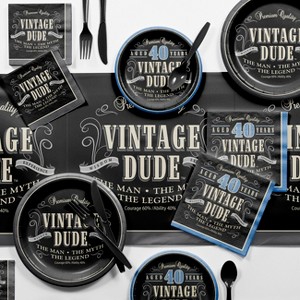 Vintage Dude 40th Birthday Party Supplies Kit, Blue Black