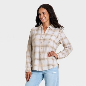 cream dress shirt womens Women's Long Sleeve Button-Down Collar Classic Satin Shirt