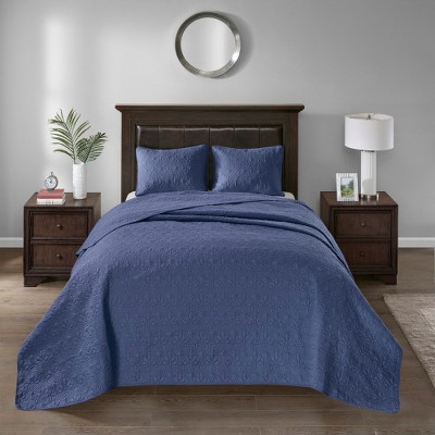 Navy King-Size Reversible Microfiber Bedspread Set with Classic Stitch