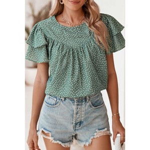 I AM A FASHION JUNKY Laurel Green Spotted Print Pleated Ruffle Sleeve Blouse - 1 of 4
