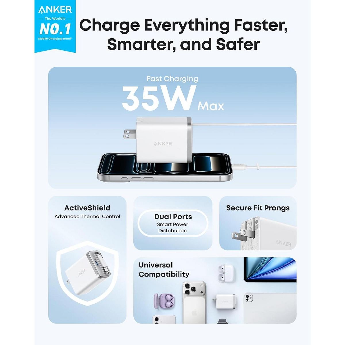 Anker Nano Retractable USB C Charger, Compact 35W 2-Port with Built-in InstaCord Retractable Cable, for iPhone 17/16/15, iPad (White, Non-Battery) - thumbnail 2