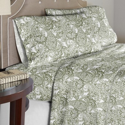 Twin XL Green Cotton Percale Paisley Sheet Set