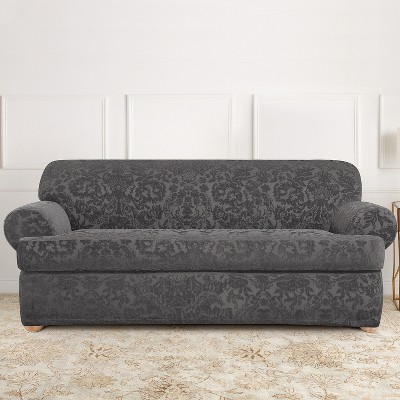 Gray Stretch Jacquard Damask T-Cushion Sofa Slipcover