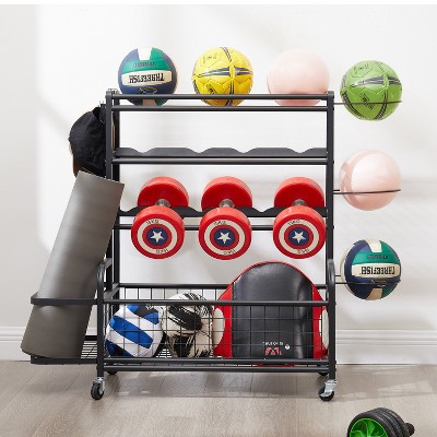 VYNXARIA 4-Tier Metal Storage Organizer with Rolling Wheels for Basketball Sports,Indoor or Outdoor for Tennis Racket,Football