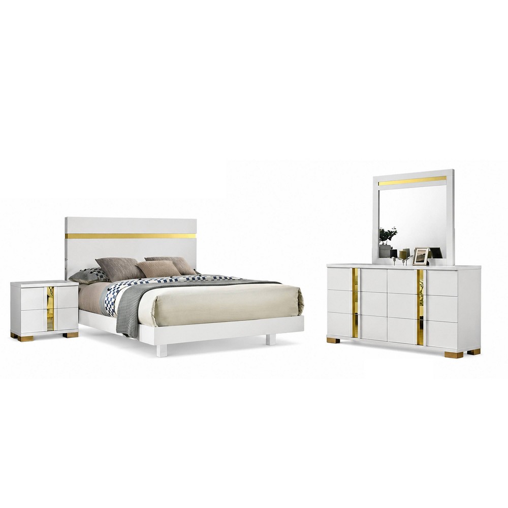 Benzara Yoki 5pc Queen Bedroom Set w Underbed LED White and Gold 2 Nightstands