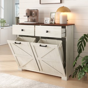 Farmhouse Double Tilt Out Trash Cabinet for 20 Gallon Trash Cans, Free Standing Recycling Cabinet w/ Hideaway Drawer, Barn Door Style Laundry - 1 of 4