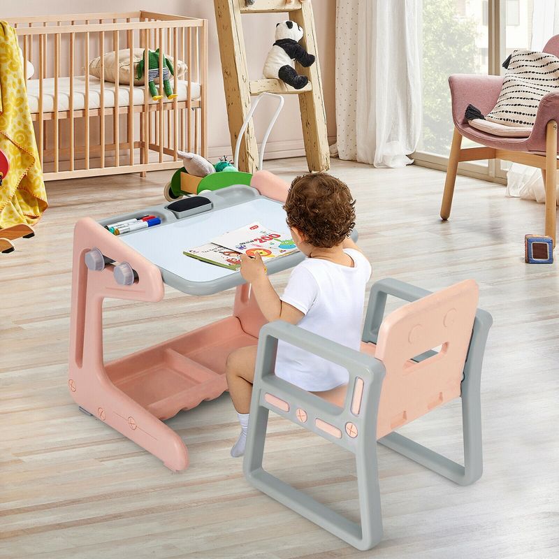 Costway 2 in 1 Kids Easel Table & Chair Set Adjustable Art Painting Board Gray/Blue/Light Pink, 2 of 11