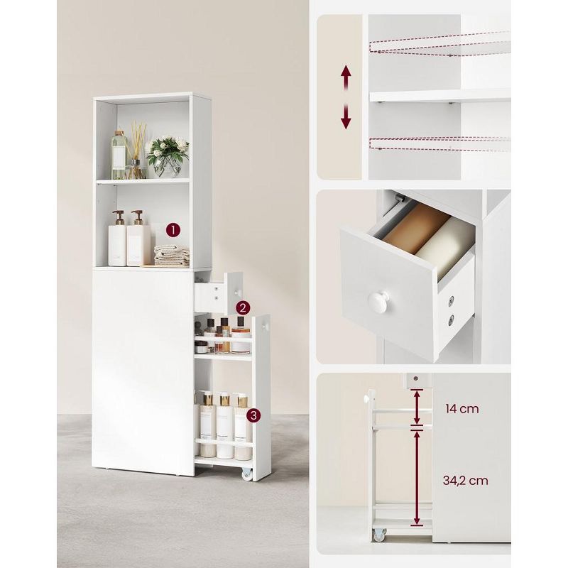 VASAGLE Slim Bathroom Storage Cabinet, Narrow Bathroom Cabinet, Freestanding Cabinet with Storage Drawers and Adjustable Shelf, White, 3 of 7