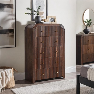 Modern Fluted 5 and 6 Drawer Dresser, Curved Profile Wood Storage Organizer for Bedroom, Living Room, Hallway