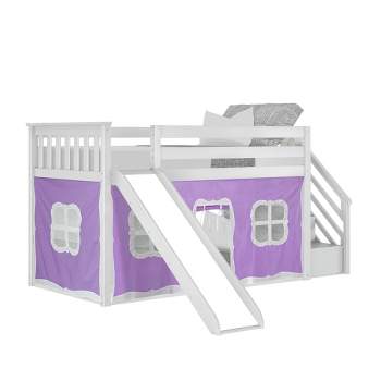 Max & Lily Twin Low Bunk Bed with Stairs and Slide with Curtains