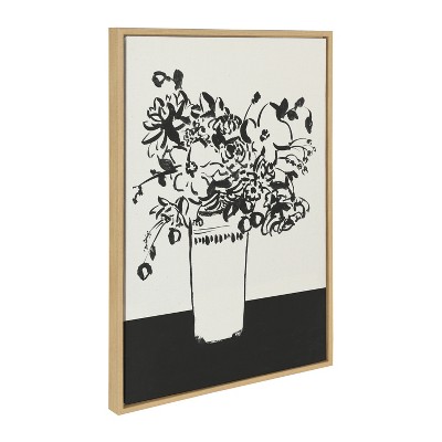 Black and White Floral Vase Canvas Print with Natural Frame
