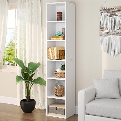 aoxun Tall Narrow Bookshelf, 6-Tier Cube Display Rack, Modern Corner Bookshelf, Storage Cabinet for Home Office, Home Decorative Furniture, White