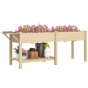 Outsunny Raised Garden Bed, Wood Elevated Planter Box with Side Table, Bottom Shelf, Bed Liners and Drainage Holes - 1 of 4
