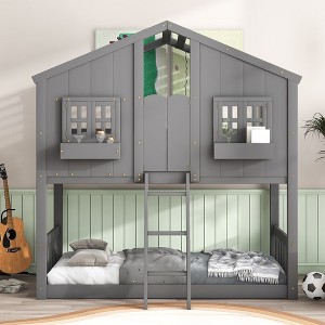 Wood Twin Over Twin Bunk Bed with Ladder, House Bunk Bed with Roof, Window and Safety Guardrails Grey - 1 of 4