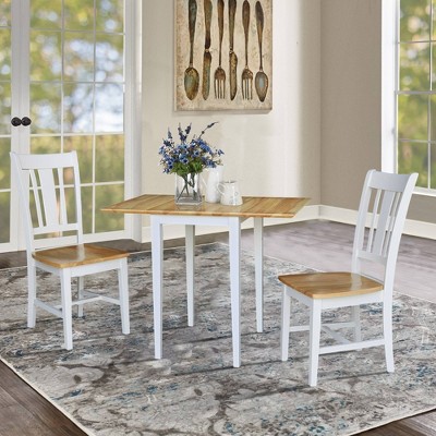 Elegant White/Natural Solid Parawood Dual Drop Leaf Table and 2 Chairs Set