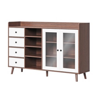 55” Particleboard Glass Door Sideboard - 4 Drawers & 3-Tier Storage Cabinet with Raised Edge Fence, Wood Legs, 280LBS Top Capacity - 1 of 4
