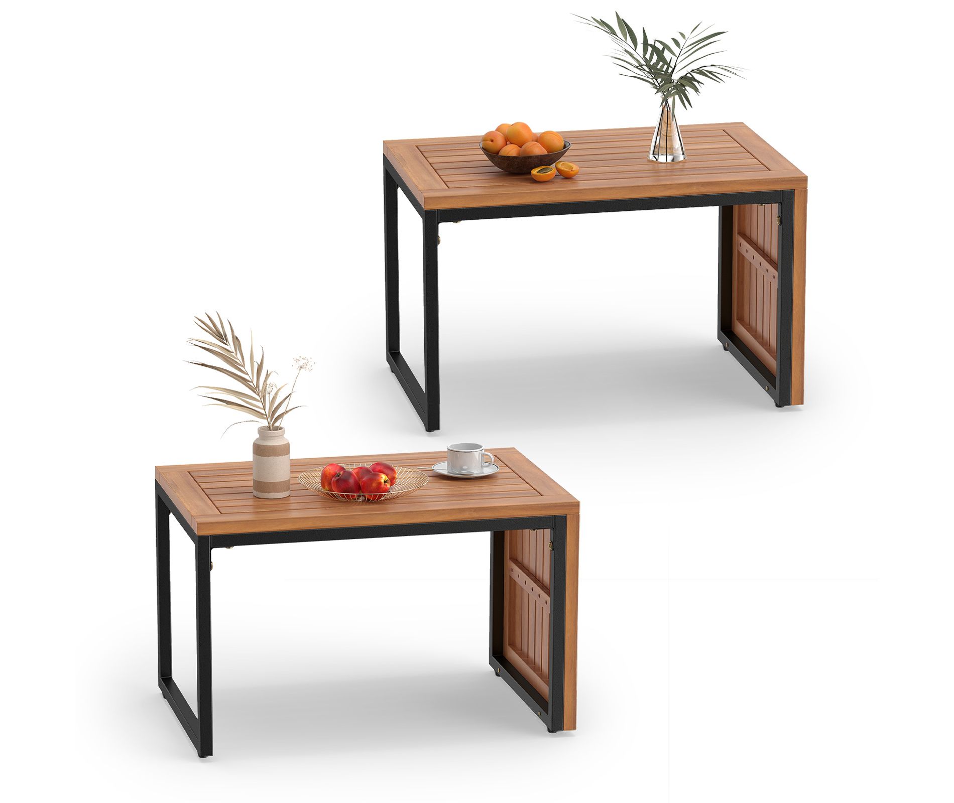Costway 2 PCS Patio Acacia Wood Side Table with Slatted Tabletop, Metal Frame for Backyard