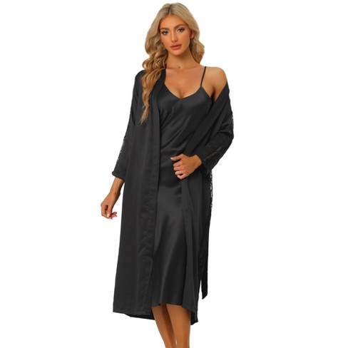 cheibear Womens Satin Robe Nightgown Sets Lace Long Sleeve Bridesmaid  Wedding Bride Bathrobe Black Small