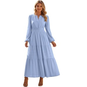 Women Casual Long Sleeve V Neck Elastic Waist Lightweight Maxi Wedding Guest Dress Pockets - 1 of 4