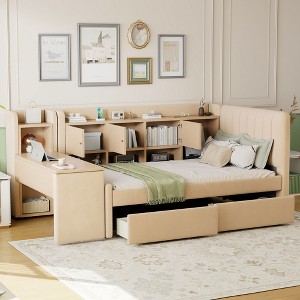 Merax Versatile Twin Size Upholstered Daybed with Built-In Side Table, Storage Drawers & Cabinets - 1 of 4