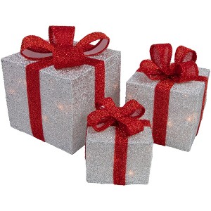 Northlight Set of 3 Silver Tinsel Lighted Gift Boxes with Red Bows Outdoor Christmas Decorations - 1 of 4
