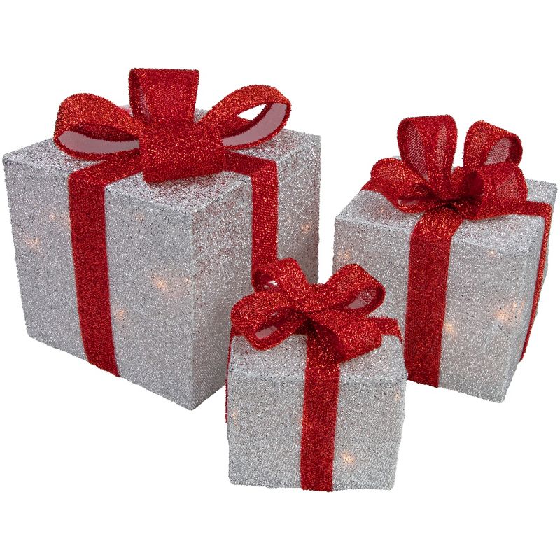 Northlight Set of 3 Silver Tinsel Lighted Gift Boxes with Red Bows Outdoor Christmas Decorations, 1 of 7