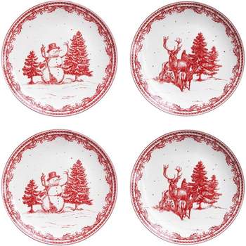 American Atelier Christmas Salad Plate, Set of 4, Dessert and Appetizer Plates, Vintage Style Dinnerware, Red Holiday Dishes, Dishwasher Safe,8 Inch
