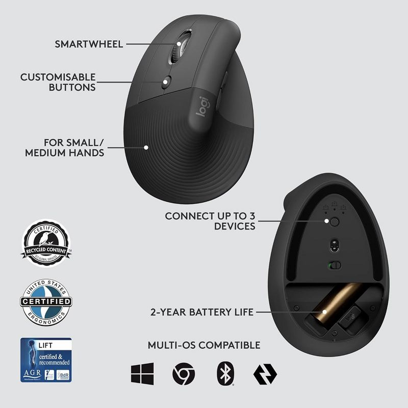 Logitech Lift for Business Left, Vertical Ergonomic Mouse - Left-Handed Wireless, 5 of 8