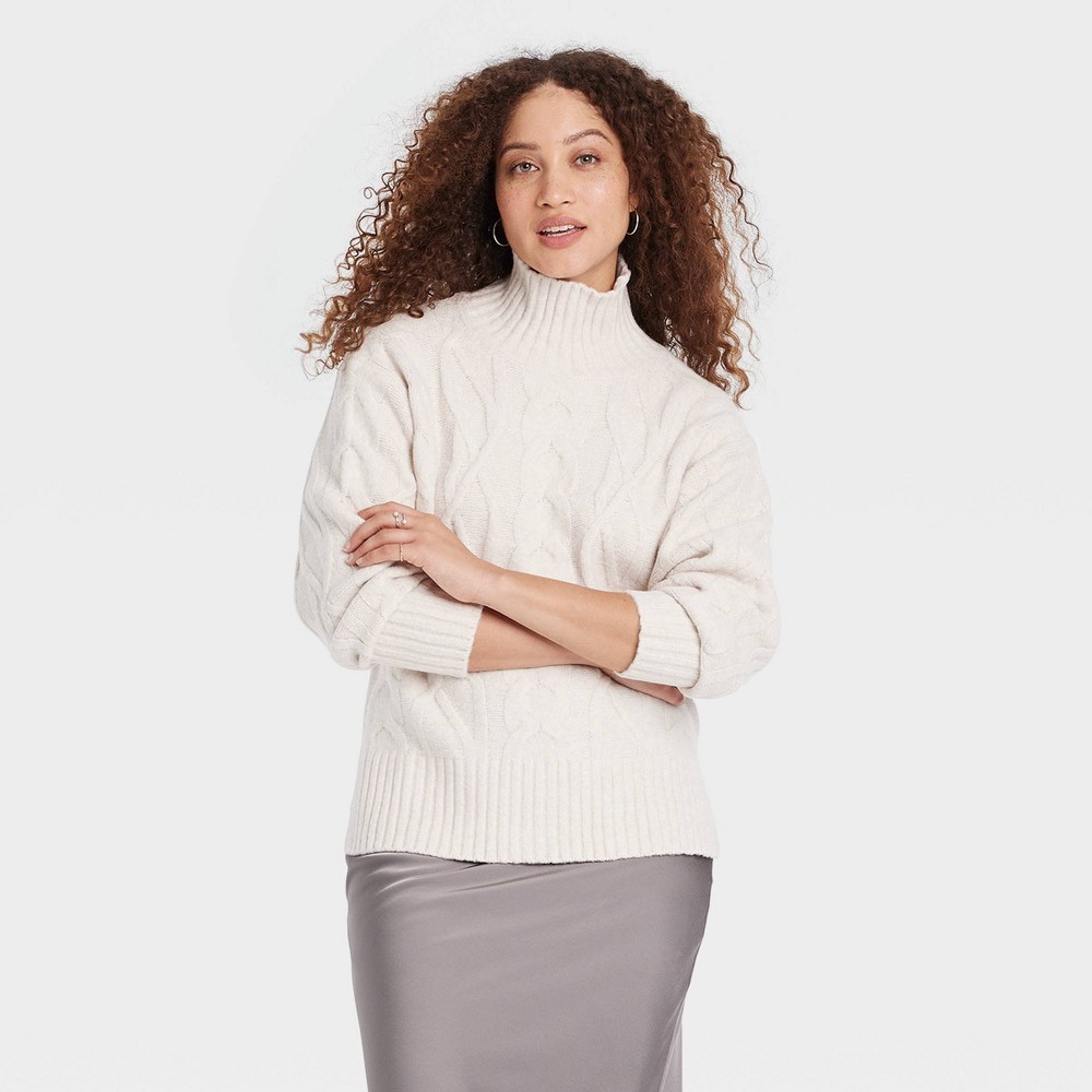 Women's Cozy Knit Mock Turtleneck Pullover Sweater - A New Day™ Oatmeal XS