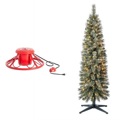 Home Heritage 1-1.75" Artificial Christmas Tree Base Rotating Metal Stand with Stanley 5' Skinny Pencil 150 Pre-Lit Lights Artificial Christmas Tree