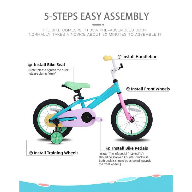 Joystar Macaroon 14 Inch Ages 3 to 5 Kids Boys Girls Toddler Balance Training Wheels Coast Brake Bike Bicycle, Pastel, 4 of 7
