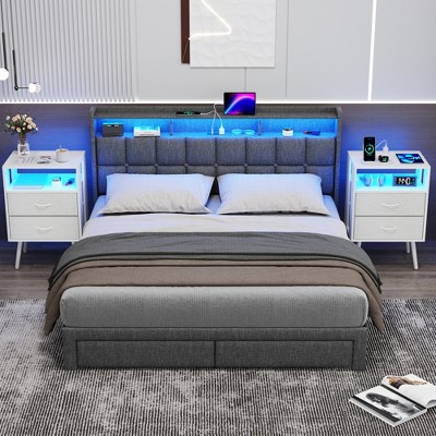 Vynxaria 2 Pack Modern Nightstand with Charging Station, LED Light & Fabric Drawers - Stylish & Functional Bedside Tables