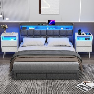 Vynxaria 2 Pack Modern Nightstand with Charging Station, LED Light & Fabric Drawers - Stylish & Functional Bedside Tables - 1 of 4