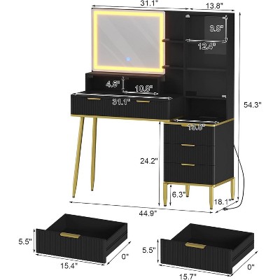 Makeup Vanity Desk with Lights & Power Outlet – Modern Fluted Vanity with 30" Lighted Mirror, 5 Drawers & Storage Shelf, Dressing Table