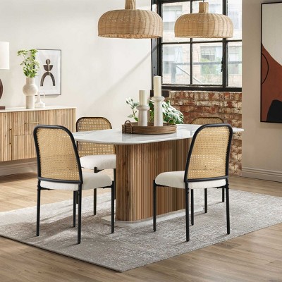 White Boucle Upholstered Dining Chairs with Black Metal Legs and Rattan Back