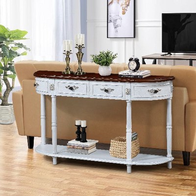 PAGED Retro Curved Wood Console Table with Roman Legs, 52" Circular Half Moon Entryway Sofa Table with Open Shelf and 2 Drawers
